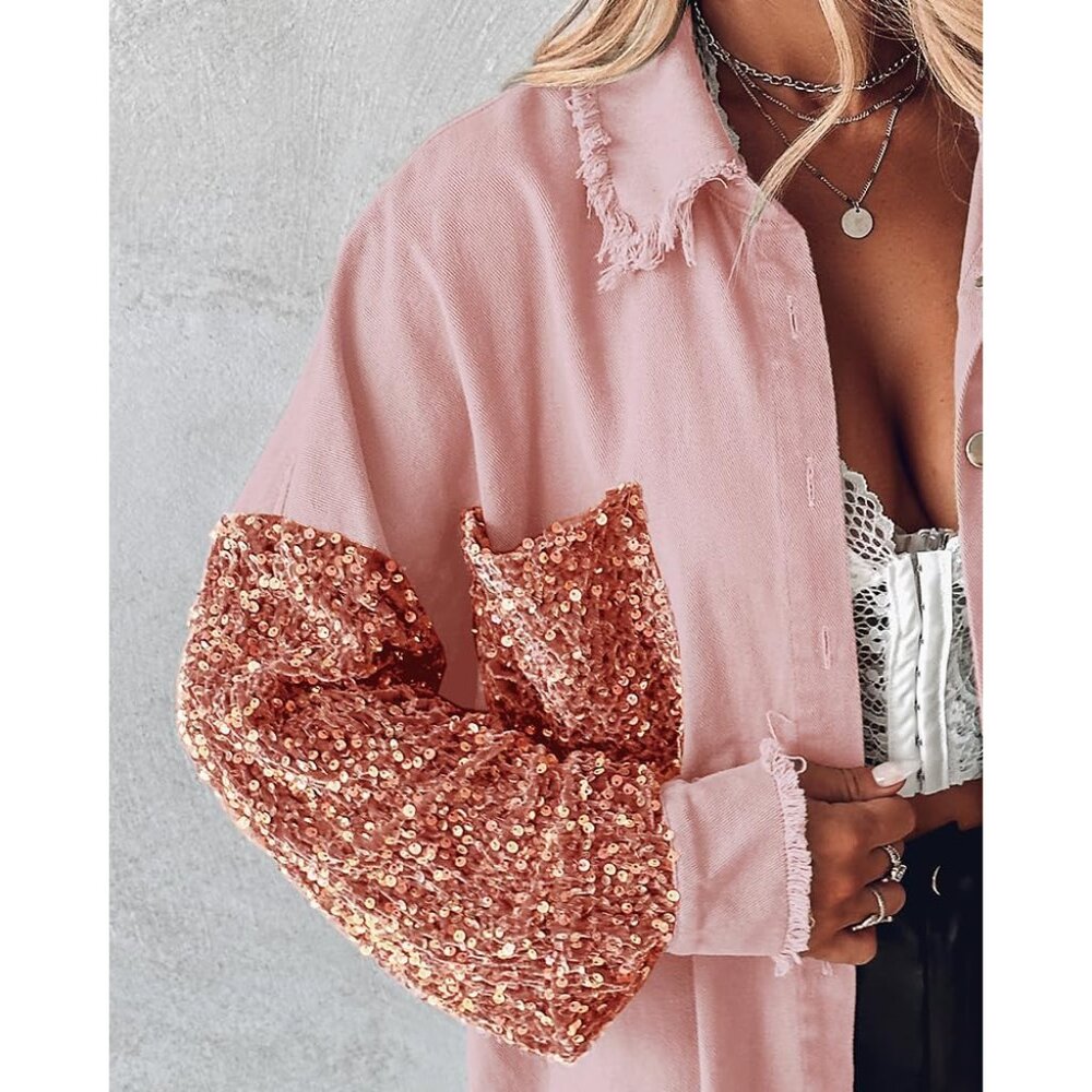 Womens Denim Jacket Sequin Patchwork Long Sleeve … - image 3